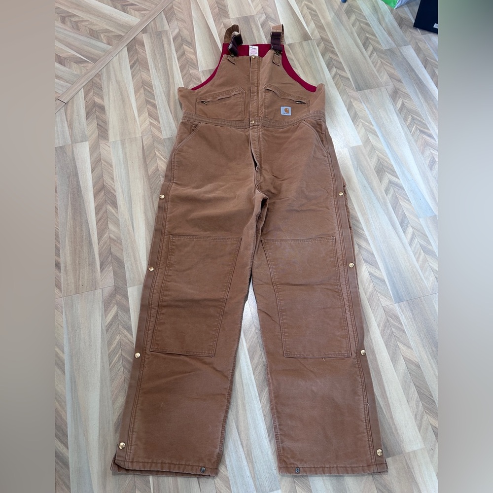 Carhartt Tan Work Overalls with Red Quilted Lining 46 x 34